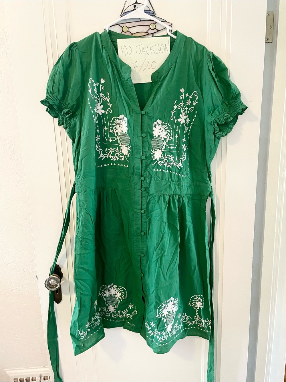 ModCloth Green Embroidered Button-Front Dress
